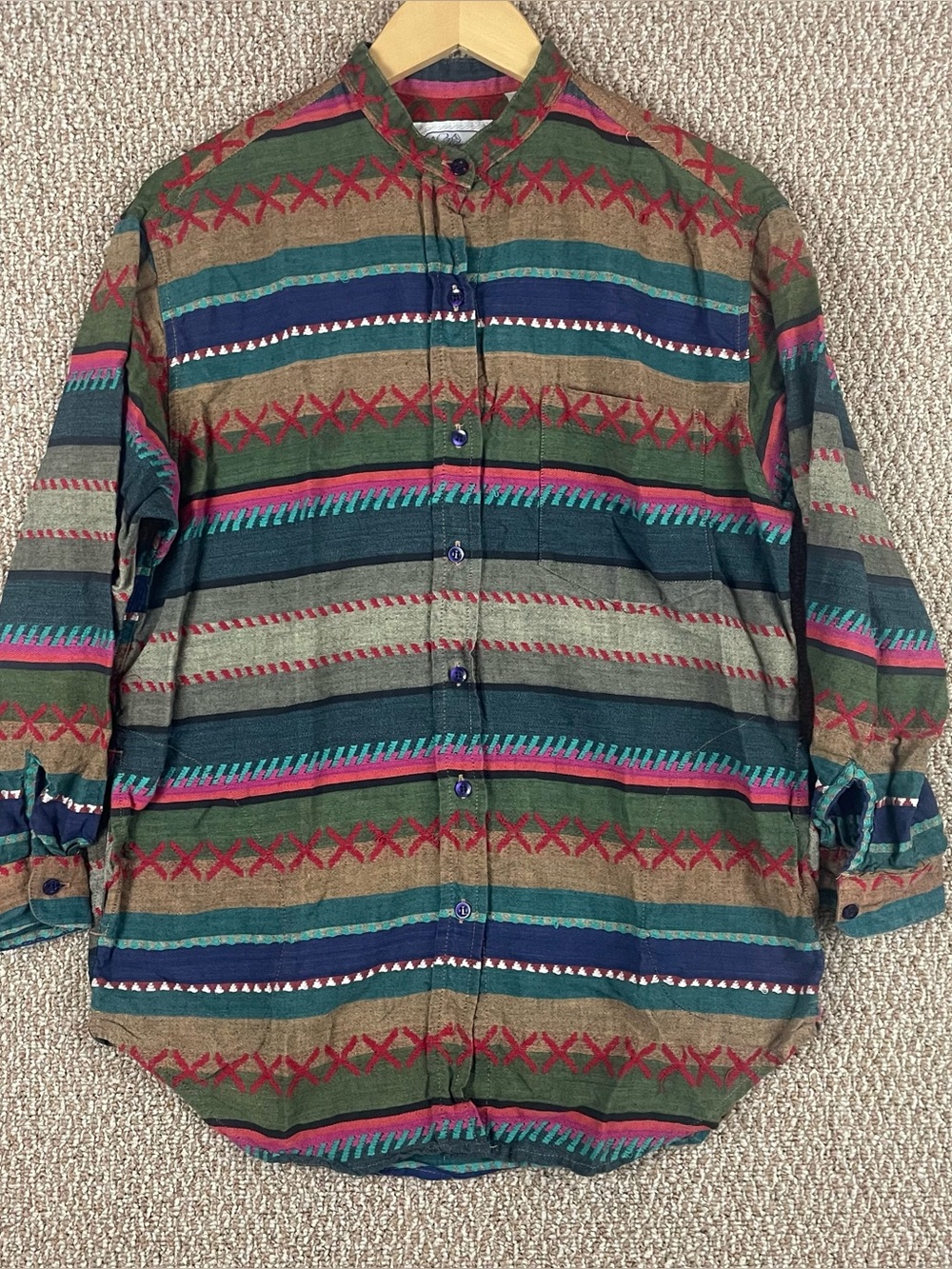Vintage Shirt Women’s Small Band Collar Striped Southwest Aztec Pockets F198